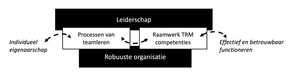 Effectief en betrouwbaar functioneren ontstaat in de wisselwerking tussen individueel eigenaarschap, teamleerprocessen, TRM-competenties, leiderschap en een robuuste organisatie.